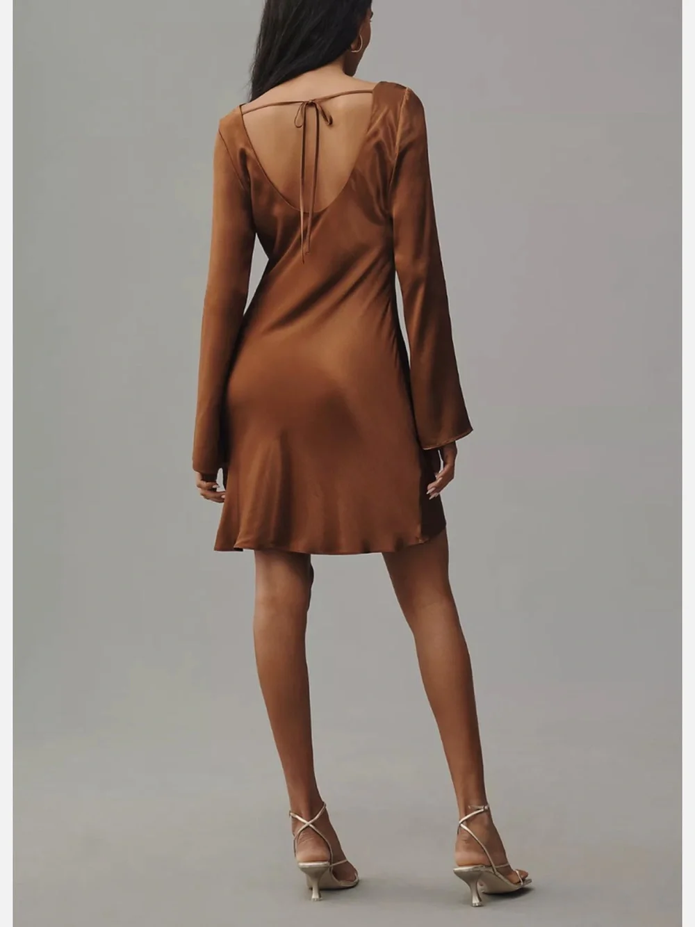 Anthropologie Bronze Satin Long-Sleeve Mini Dress